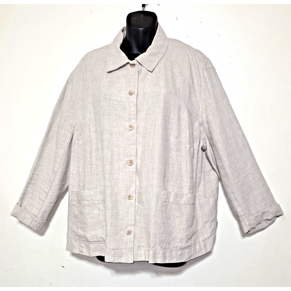 Linen Beige Shirt Jacket Womens Sz 2X JONES NEW YORK SPORT Button Down Pockets - Picture 1 of 16